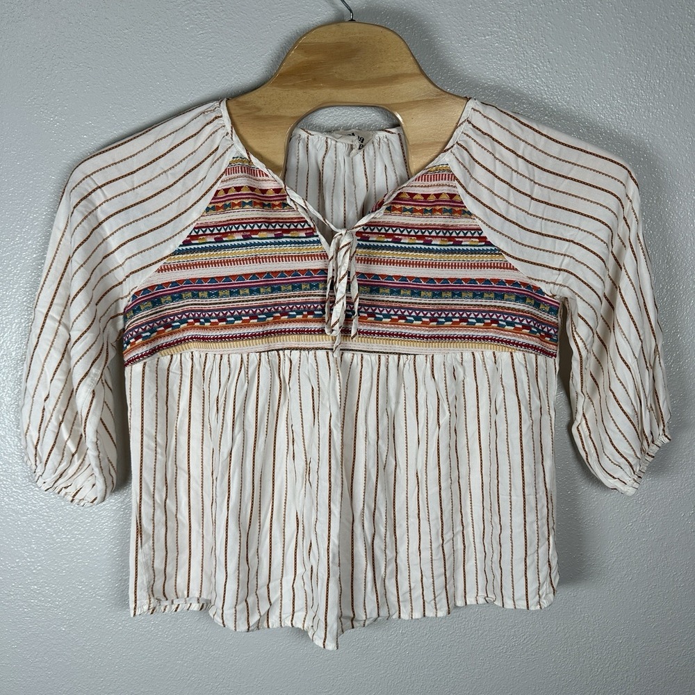 Savanna Jane Size Large Embroidered Boho Peasant Top Tie‎ Festival Hippie Blouse